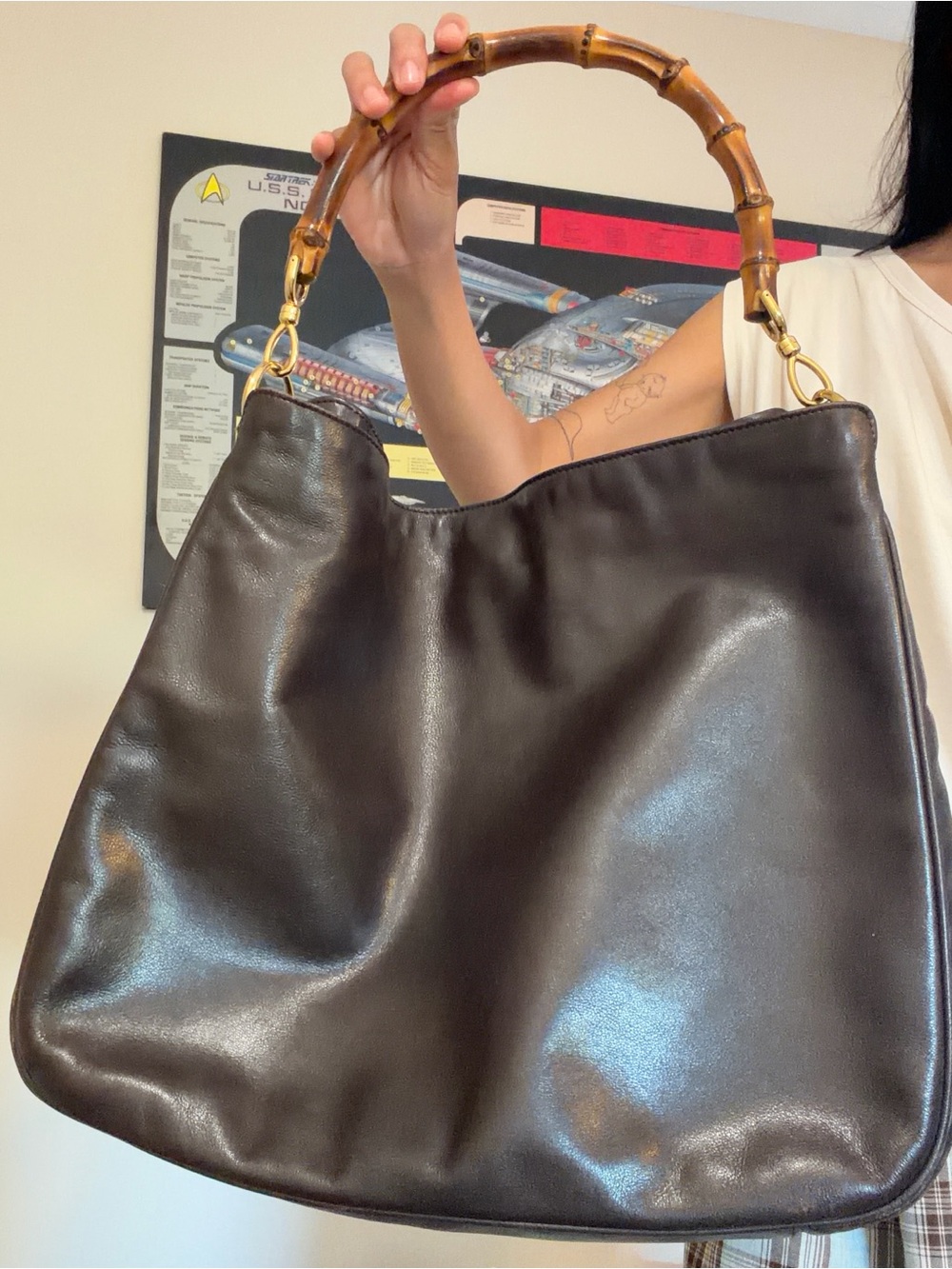 Gucci Brown Leather Hobo Bag with Bamboo Handle and Gold Hardware